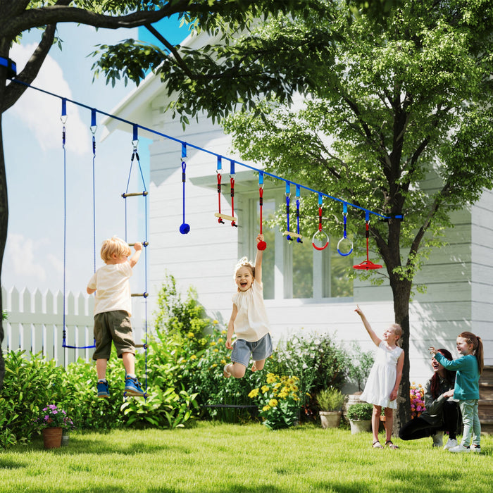 Qaba Ninja Warrior Parcours d'obstacles pour enfants, kit de slackline Ninja de 10 m avec balancoire, barres de singe, echelle d'escalade, balles de prehension, plateau suspendu