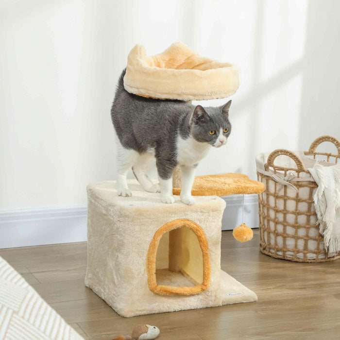 28\" Cat Tree Tower for Indoor Cats, Beige and Yellow