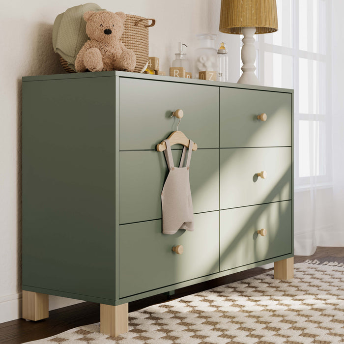 Storkcraft California 6 Commode a tiroirs - Olive avec bois clair