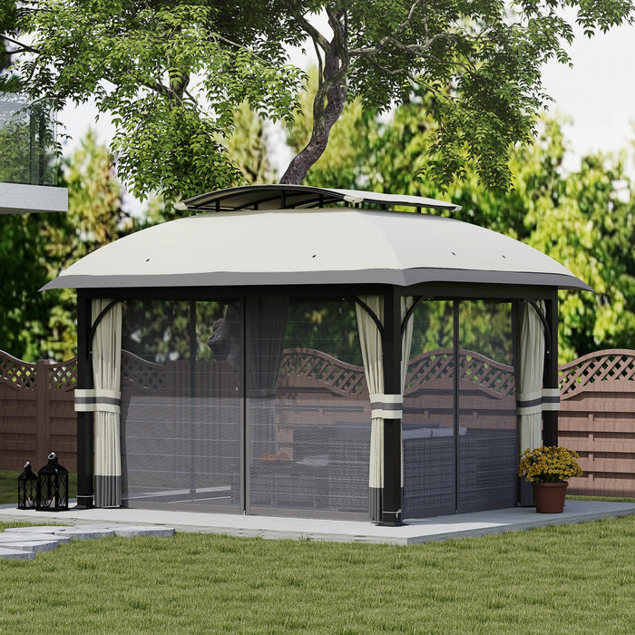Outsunny Tonnelle A Double Toit 11 x 13' Avec Filet Et Rideaux, Gris Clair