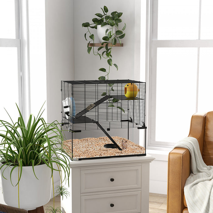 Pawhut Cage A Hamster 23.6\" L X 15.7\" L, Cage A Gerbilles Avec Bassin En Verre, Rampes, Plates-formes, Cabane, Roue D'exercice, Pour Hamsters Syriens Et Nains, Noir