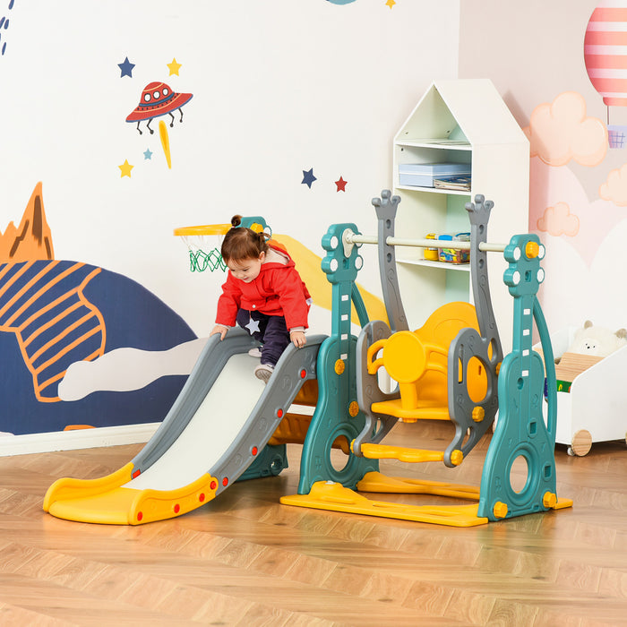 Qaba Toboggan Et Balancoire Pour Enfants De 18 Mois A 3 Ans Avec Panier De Basket 3 En 1 Hauteur Reglable Hdpe Et Pp Base Remplissable D'eau Bleu-gris Et Jaune.