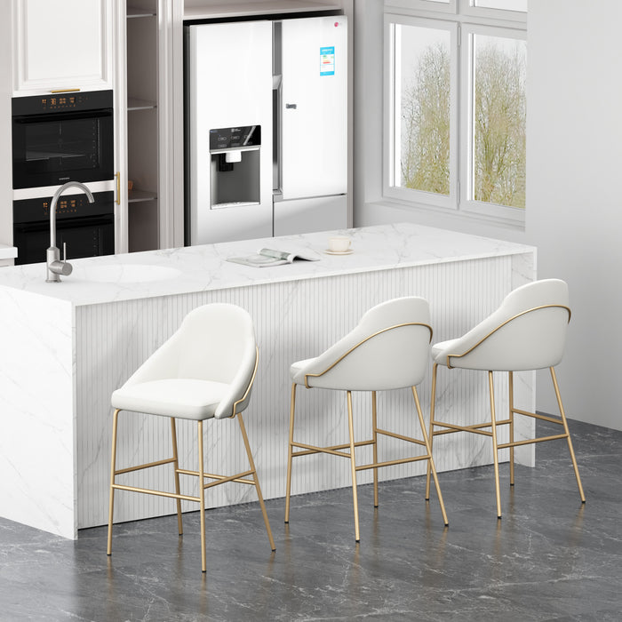 Tabouret de bar moderne en metal Gracie, rembourre, blanc et or - Lot de 3