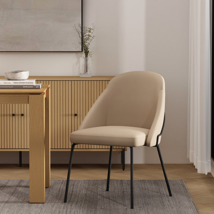 Chaise de salle a manger moderne Gracie en metal et cuir vegetalien, coloris beige et noir