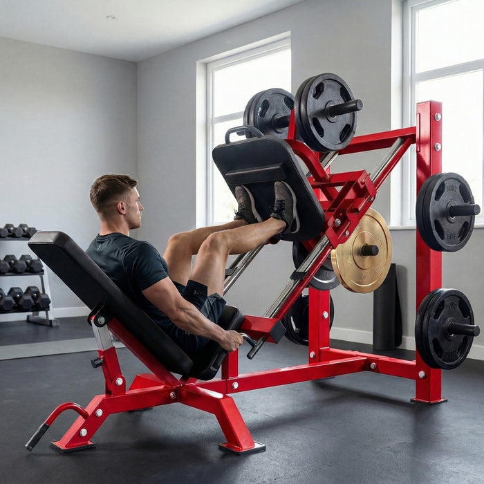 Presse a jambes reglable Soozier avec roues et bloc mollet pour salle de sport a domicile