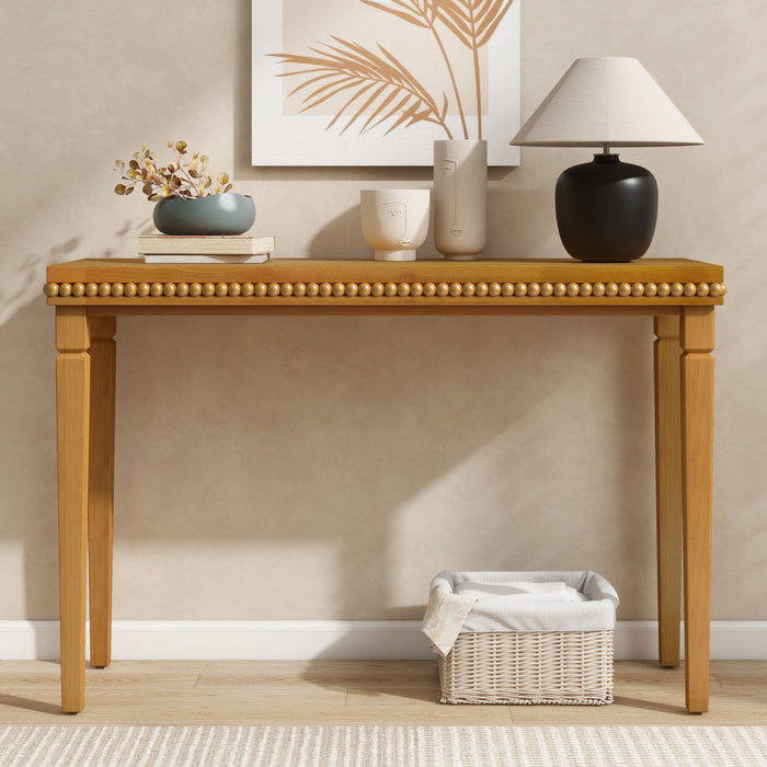Console rustique en bois Martha 120 cm avec bordure perlee decorative - brune