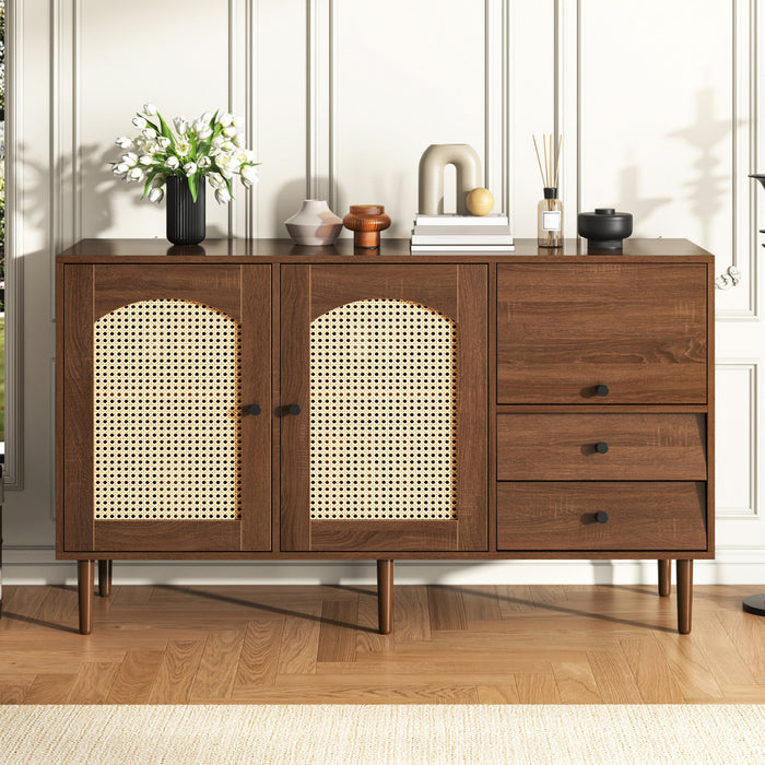 Zona 51.1\" Buffet avec Portes en Rattan et Etageres Ajustables, Marron Fonce