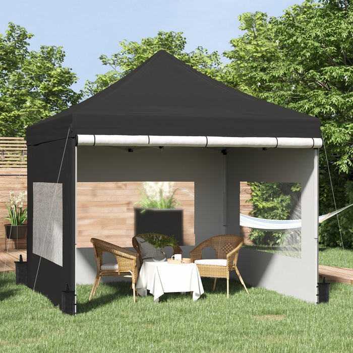 Outsunny 10' X 10' Tonnelle Barnum Pop-up Tente D'abri Instantane Pliable Avec Parois Laterales, 4 Fenetres, 4 Sacs De Sable Et Sac De Transport, Noir