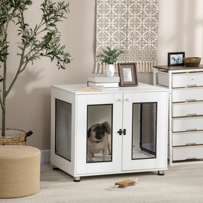 Pawhut Cage Pour Chien Table D'extremite Avec Coussin Resistant A L'eau, Meubles De Cage A Double Porte Pour Chiens De Taille Moyenne, Chenils En Fil De Bois Pour Une Utilisation En Interieur, Blanc