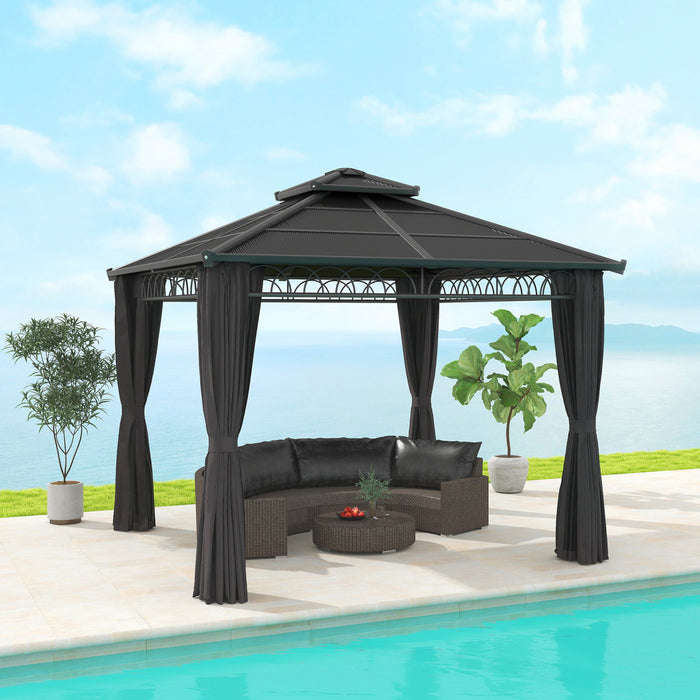 Outsunny Gazebo a Toit Double Rigide avec Moustiquaire et Rideaux, Noir