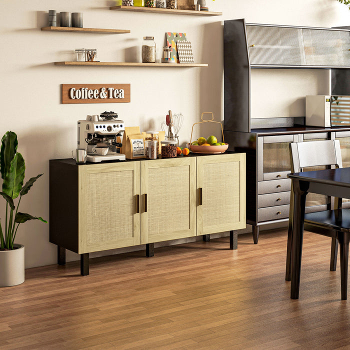 HOMCOM Buffet Boho, meuble bar a cafe avec portes en rotin, noir