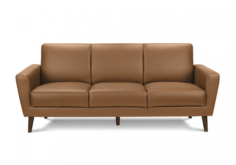 Sofa Rembourre, 77\"L, Aspect Cuir Brun, Pieds En Bois Massif De Noyer, Mid-Century