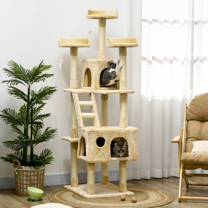 Pawhut 71 Pouces A Gratter Arbre A Chat Kitty Condo Centre D'activites De Jeu A Plusieurs Niveaux Avec Jouets Beige