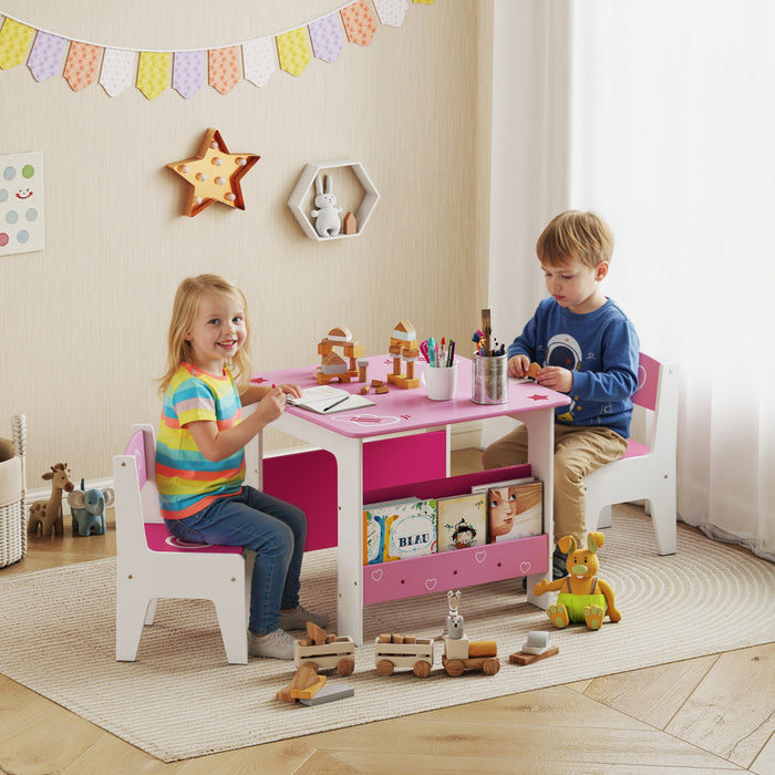 Qaba Ensemble table et 2 chaises pour enfants, avec etageres pour livres, theme cœur, pour salle de classe, maison, creche, salle de jeux, pour lire, dessiner, faire de l'art