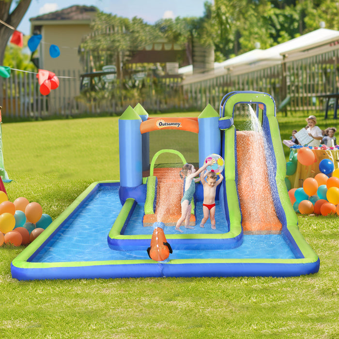 Outsunny Chateau Gonflable 5 En 1 Enfants Avec Double Toboggans Piscine Trampoline Mur D'escalade Canon A Eau, Exterieur Avec Souffleur Sac De Transport, Pour 3-8 Ans