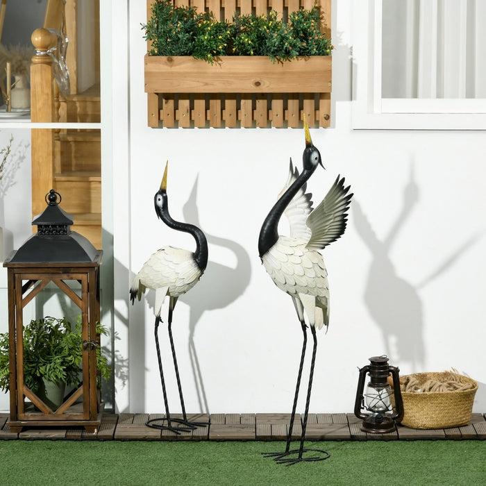 Outsunny 2pcs Statues De Jardin De Heron Metal Oiseau Sculptures, Blanc