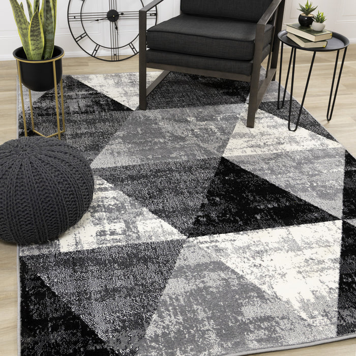 Tapis Covington triangle geometrique noir blanc gris vieilli, 7'10\" x 10'6\"