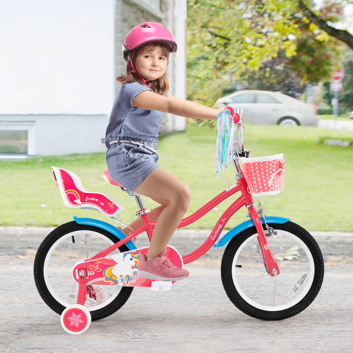 Costway 16\" Velo Pour Enfants Avec Siege De Poupee Panier Et Streamers Colores 2 Roues D'entrainement Rose