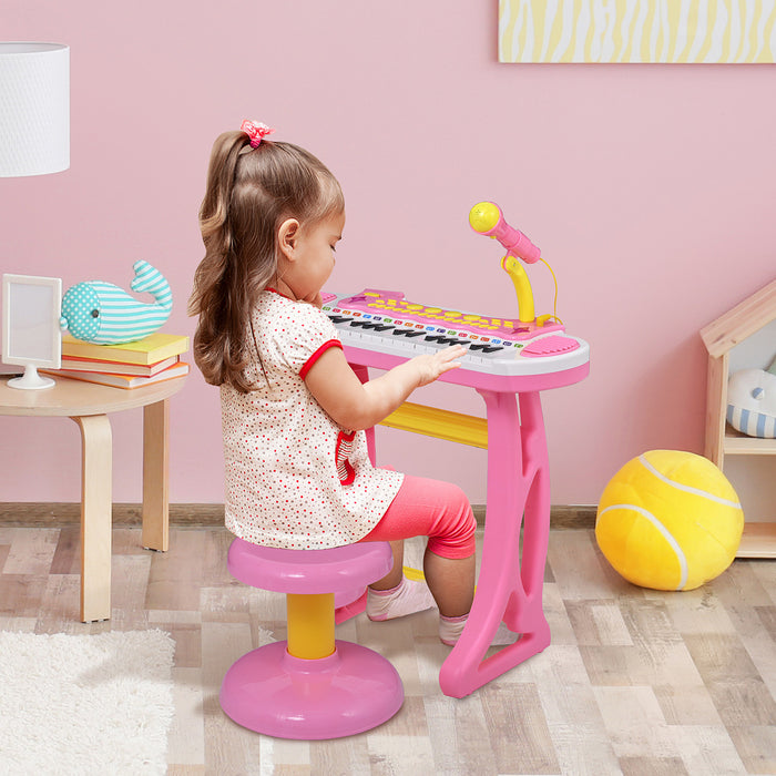 Qaba Clavier De Piano Enfants Avec Tabouret D'assise Inclus, Microphone De Travail, Lampe De Poche Lumineuse Et Amusante, Rose