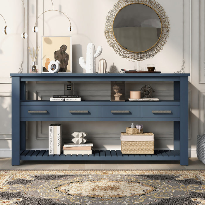 Table d'entree Ava 62,2'' avec tiroirs et etageres ouvertes, bleu marine