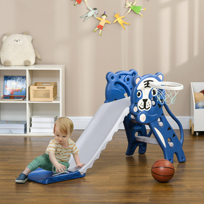 Qaba Toboggan 2 En 1 Pour Interieur, Toboggan Pour Enfants Facile A Installer Pour Tout-petits De 18 A 36 Mois, Toboggan Pour Bebe Avec Panier De Basket, Bleu