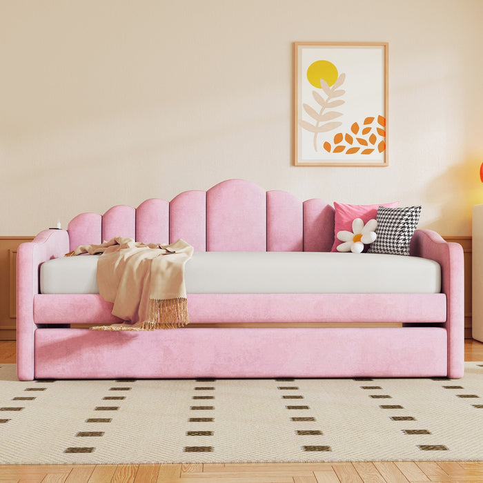 Lily Lit Relevable Capitonne avec Lit Gigogne et Ports de Chargement USB, Taille Twin, Rose