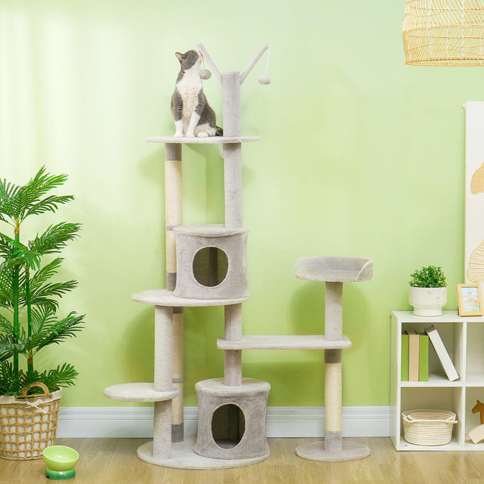 Pawhut Arbre A Chat 73.5\", Tour A Plusieurs Niveaux Pour Chats D'interieur Avec Griffoirs, Condos Pour Chats, Lit, Plates-formes, Balles Jouets, Gris Clair