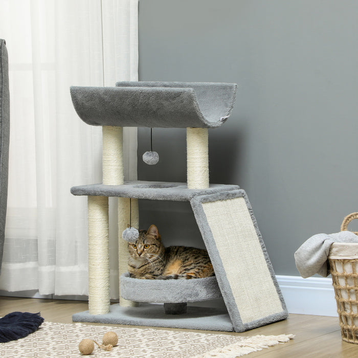 Pawhut Arbre A Chat, Petite Tour A Chat Avec Perchoir, Griffoirs En Sisal, Tapis A Gratter, Lit, Boules Suspendues, Pour Chats D'interieur, Gris Clair
