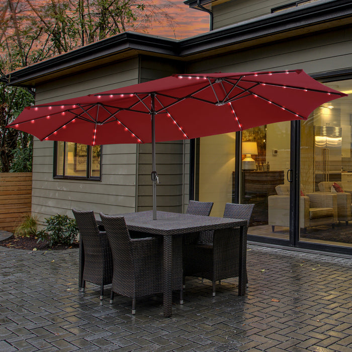 Costway Parasol double face jumeau 15FT pour patio avec 48 LED solaires a manivelle Wine