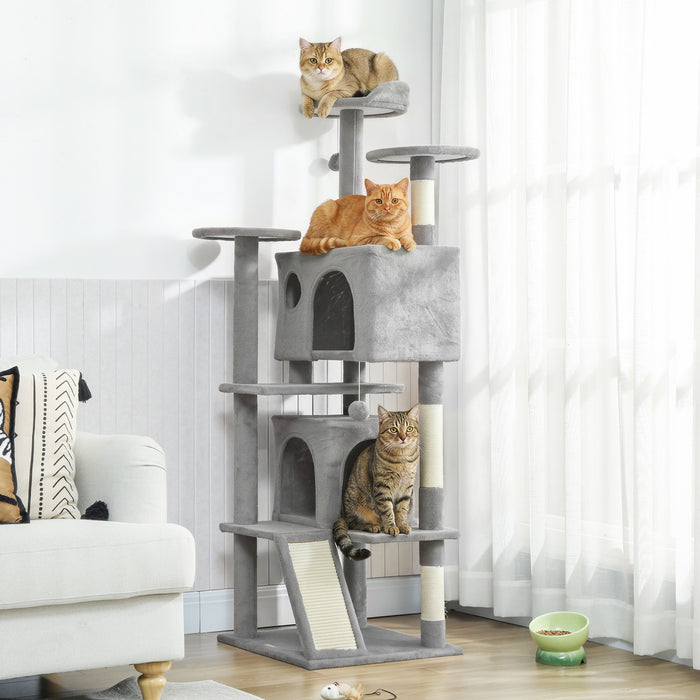Arbre a Chat 160 cm avec Poteaux a Griffer, Cabanes, Gris Clair
