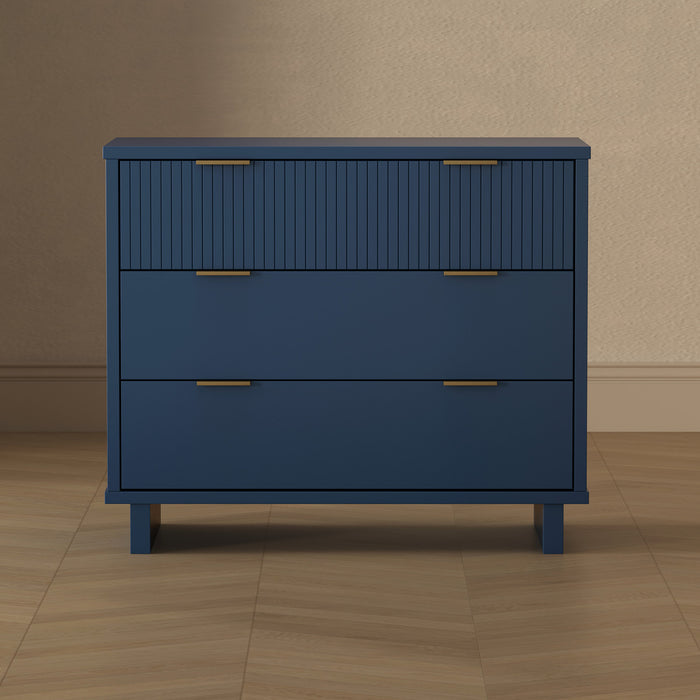 Commode contemporaine Elara 38\" en bois massif bleu minuit (3 tiroirs)