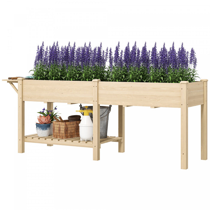 Outsunny Lit de jardin sureleve, jardiniere en bois avec etagere, naturel