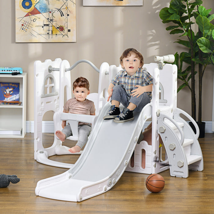 Qaba Ensemble Toboggan Et Balancoire 6 En 1 Avec Panier De Basket, Grimpeur, Balancoire Pour Bebe, Aire De Jeux Interieure Avec Espace De Rangement, Pour Les 1 A 3 Ans, Gris