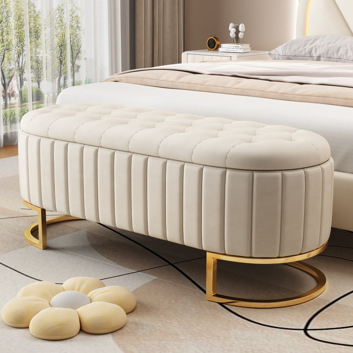 Banc de rangement elegant Amelia en velours capitonne avec pieds en metal, beige