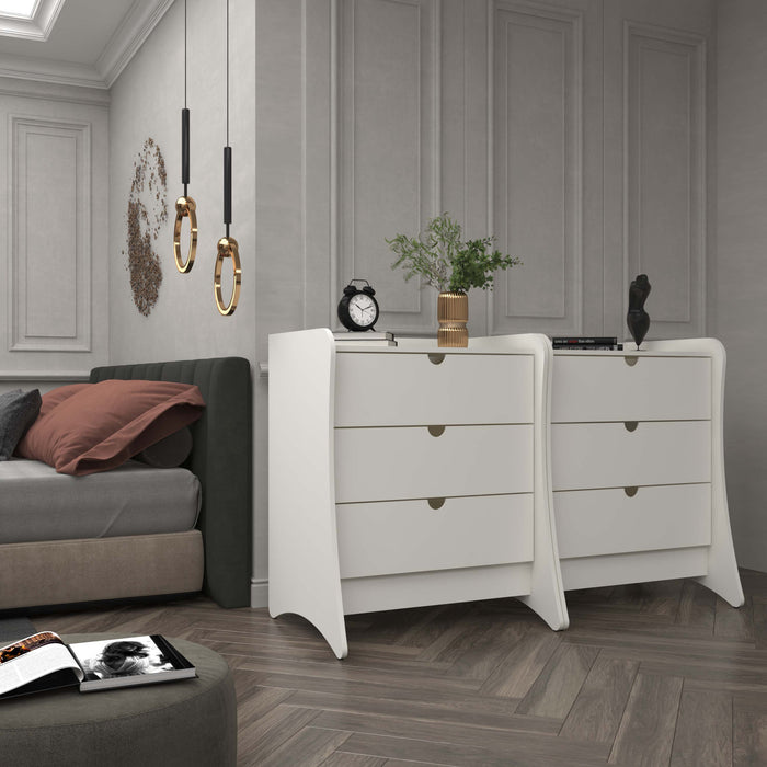 Table de nuit Coney style mid-century moderne 71 cm en blanc (3 tiroirs) – Lot de 2