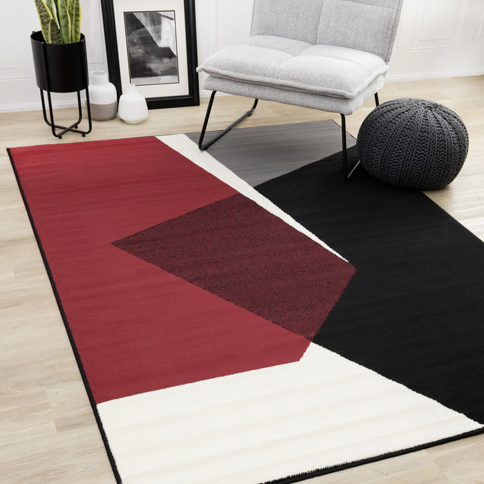Carpette Forte rouge, noire et blanche à motif géométrique - 7 pi 9 po x 10 pi 6 po
