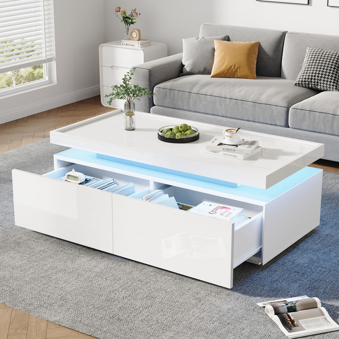 Aiden table basse LED – table basse avec tiroirs de rangement et eclairage controle par application, blanc