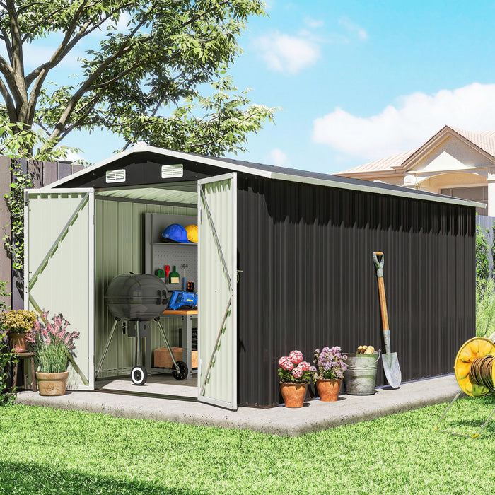 Outsunny Abri Metallique 12' x 8', Grand Abri de Rangement Exterieur, Gris Fonce