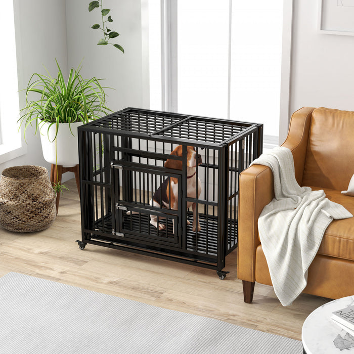Pawhut Cage Pour Chien Robuste De 37\" Avec Roulettes Pour Chiens De Taille Moyenne Et Grande, Cage Pliable Avec Double Porte, Deux Verrous Anti-evasion, Plateau Amovible, Dessus Ouvrant, Noir
