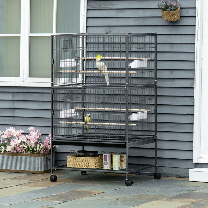 Pawhut Grande Cage A Oiseaux En Acier De 52'' Avec Support Roulant, Etagere De Rangement, Perchoir En Bois, Contenant A Nourriture, Gris Fonce