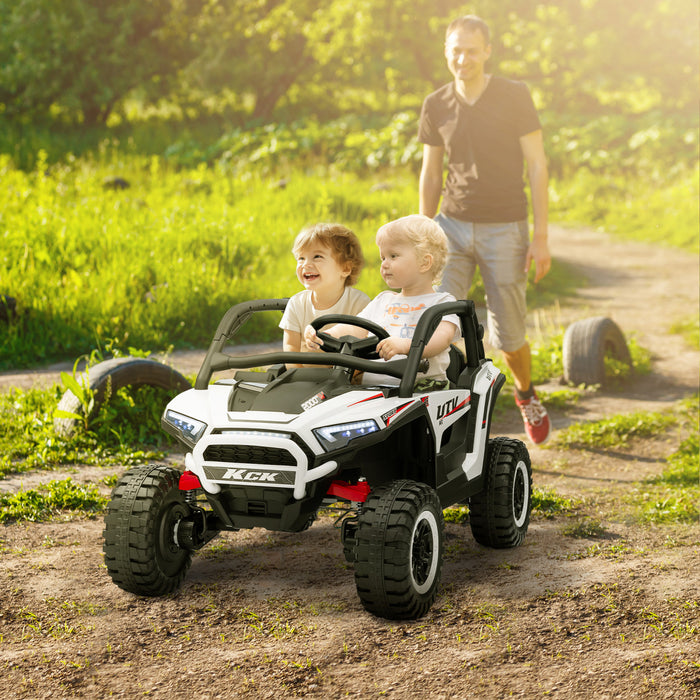 Qaba Vus 2 Places, Voiture Electrique 24 V 7 Ah Pour Enfants Avec Suspension A Ressort, Telecommande, 3 Vitesses, Lumieres Led, Lecteur Mp3, Klaxon, Musique, Blanc