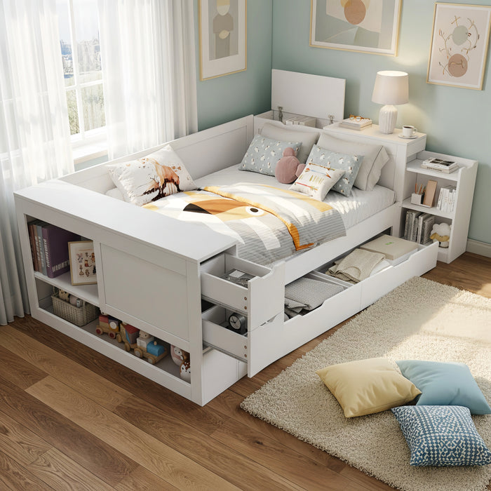 Banquette-lit Mason avec tete de lit de rangement et cadre de lit multifonctionnel avec rangement, taille full, blanc