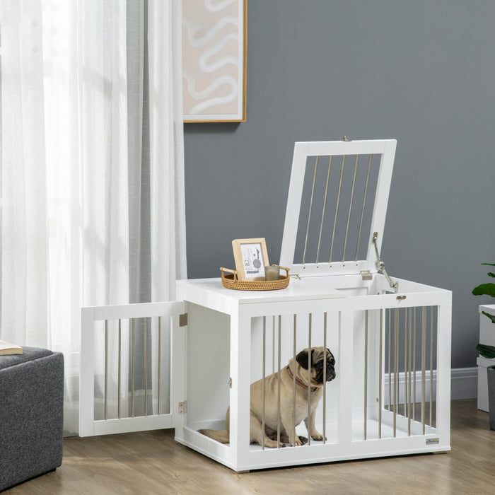 Pawhut Meuble De Niche Pour Chien, 31.5\", Table D'appoint Laterale Avec Double Porte, Pour Chiens De Taille Moyenne, Blanc