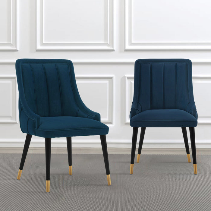Chaise de salle a manger moderne en bois Eda avec revetement en tissu bleu nuit - Lot de 2