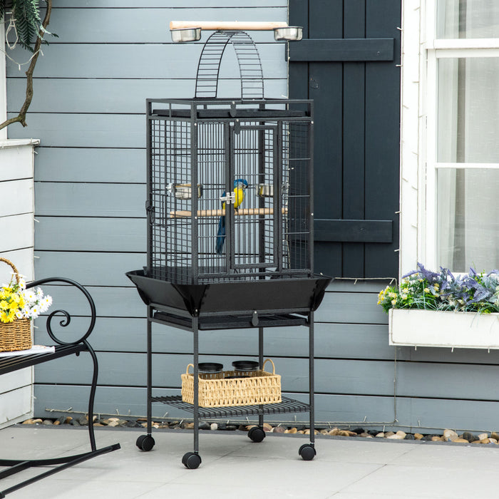 Pawhut Cage A Oiseaux De 61 Pouces Pour Pinsons, Perruches Avec Support, Plateau Coulissant, Dessus De Jeu, Etagere De Rangement, Perchoir En Bois, Recipient Alimentaire
