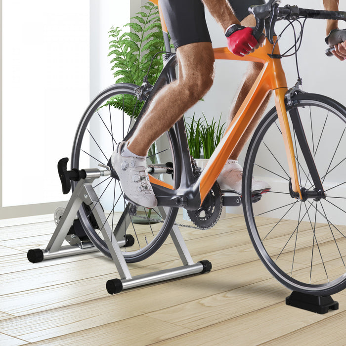 Soozier Support D'entrainement De Velo Magnetique Pour Velo D'interieur Avec 5 Niveaux De Resistance Reglable Argent