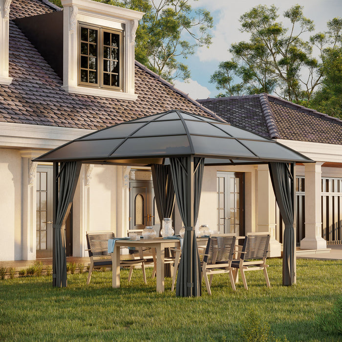 Outsunny Auvent De Tonnelle D'exterieur 10' X 10', Tonnelle A Toit Rigide En Polycarbonate Uv60+, Cadre En Acier Massif, Crochet Central Et Rideaux, Pour Jardin, Pelouse, Arriere-cour Et Terrasse