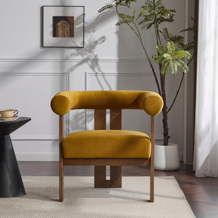 Crest Fauteuil d'Appoint Moderne a Accoudoirs Ronds et Pieds Triangulaires, Jaune Moutarde, Noyer