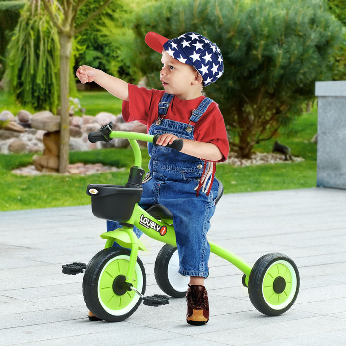 Qaba Tricycle Pour Enfants Filles Et Garcons De 2 A 5 Ans, Velo Pour Tout-petits Avec Siege Reglable, Panier, Cloche, Vert