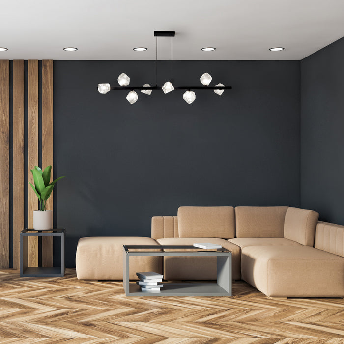 Luminaire suspendu horizontal Pearlene de Dainolite en verre transparent, avec fini noir mat et 8 ampoules